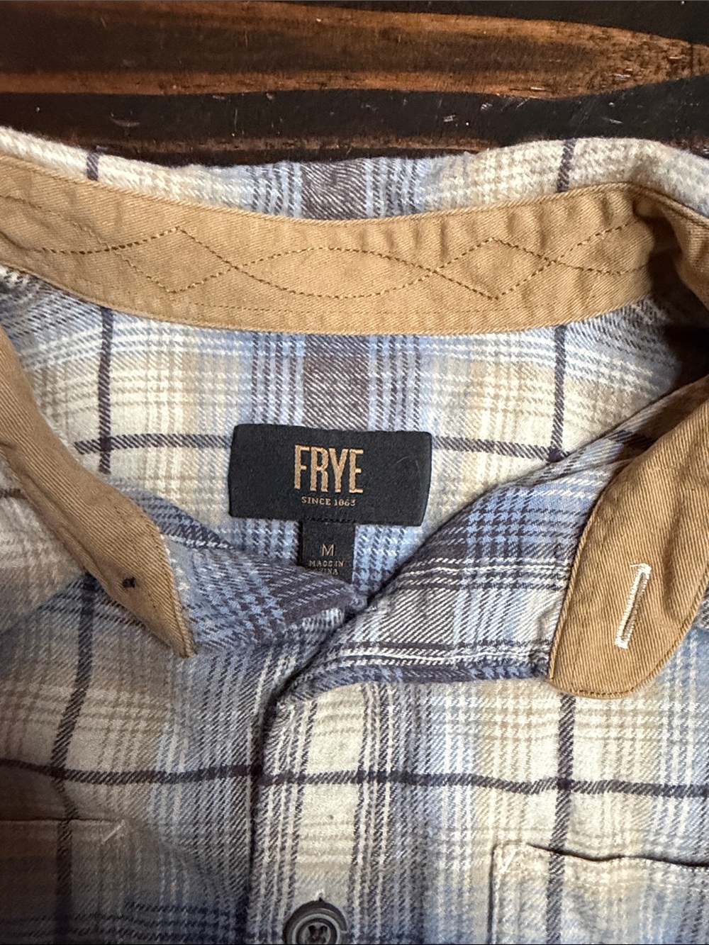 FRYE Men's Plaid Button-Up Shirt in Blue, Cream, Brown